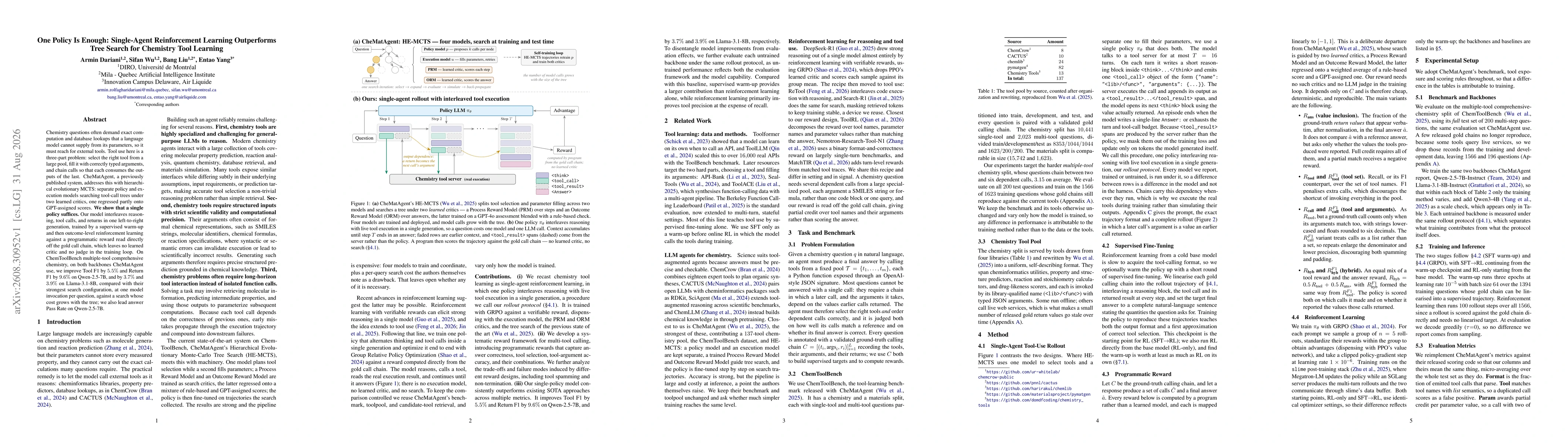 Thumbnail for One Policy Is Enough: Single-Agent Reinforcement Learning Outperforms Tree Search for Chemistry Tool Learning