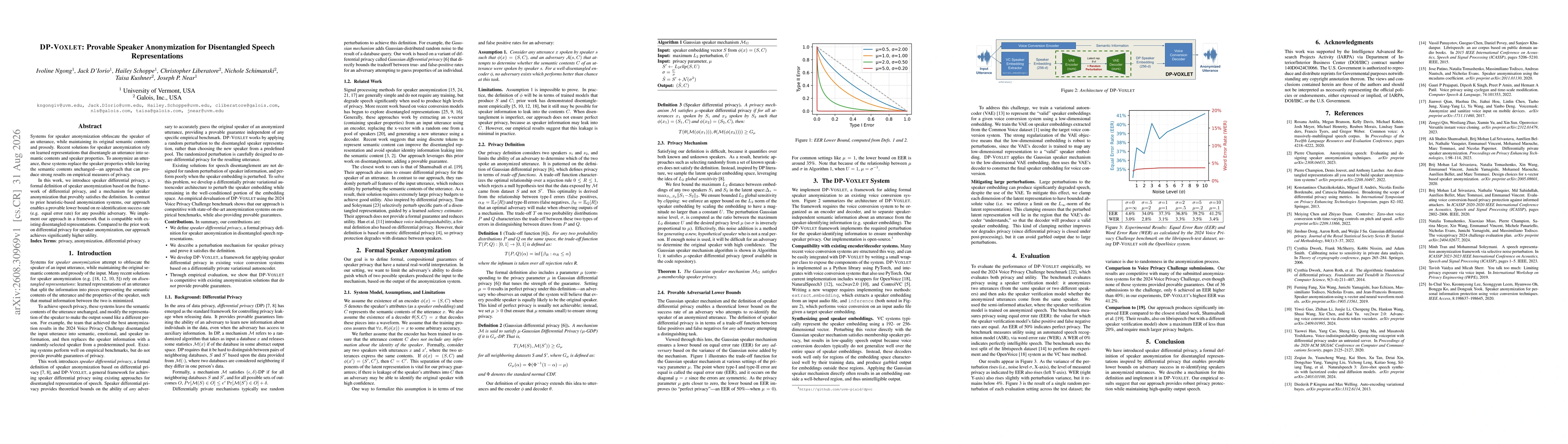 Thumbnail for DP-VOXLET: Provable Speaker Anonymization for Disentangled Speech Representations