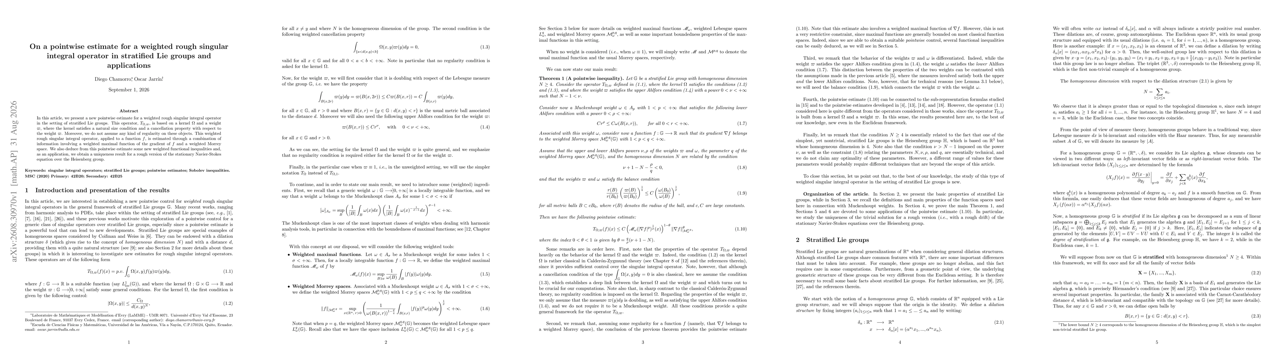 Thumbnail for On a pointwise estimate for a weighted rough singular integral operator in stratified Lie groups and applications