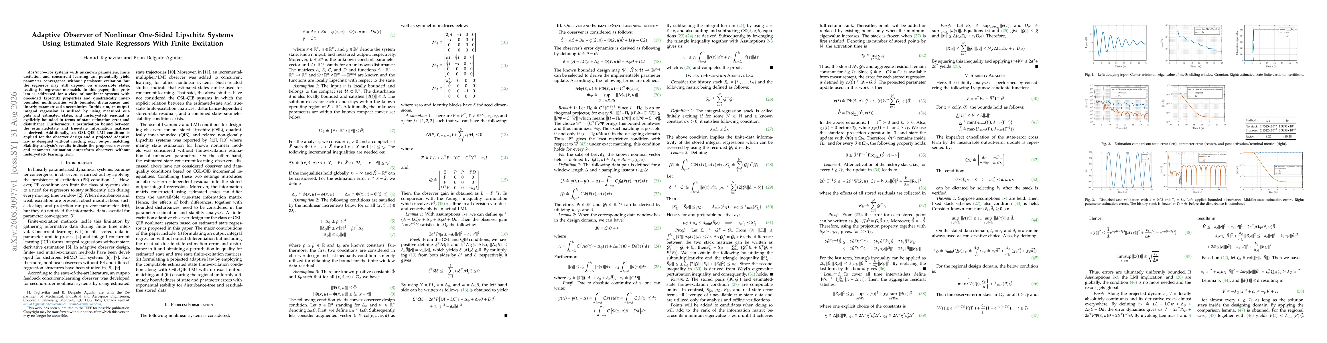 Thumbnail for Adaptive Observer of Nonlinear One-Sided Lipschitz Systems Using Estimated State Regressors With Finite Excitation