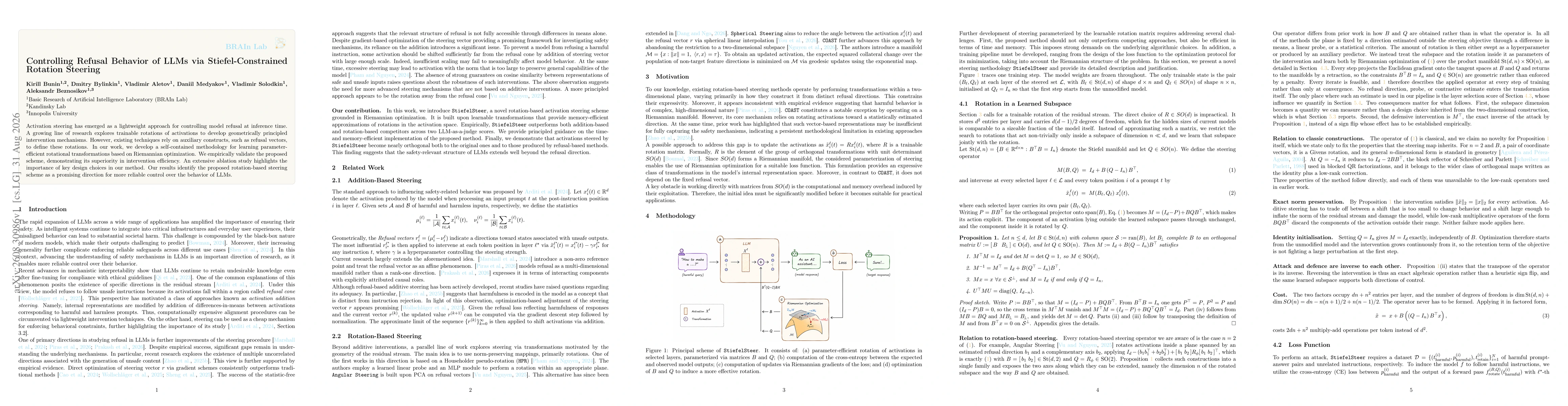 Thumbnail for Controlling Refusal Behavior of LLMs via Stiefel-Constrained Rotation Steering