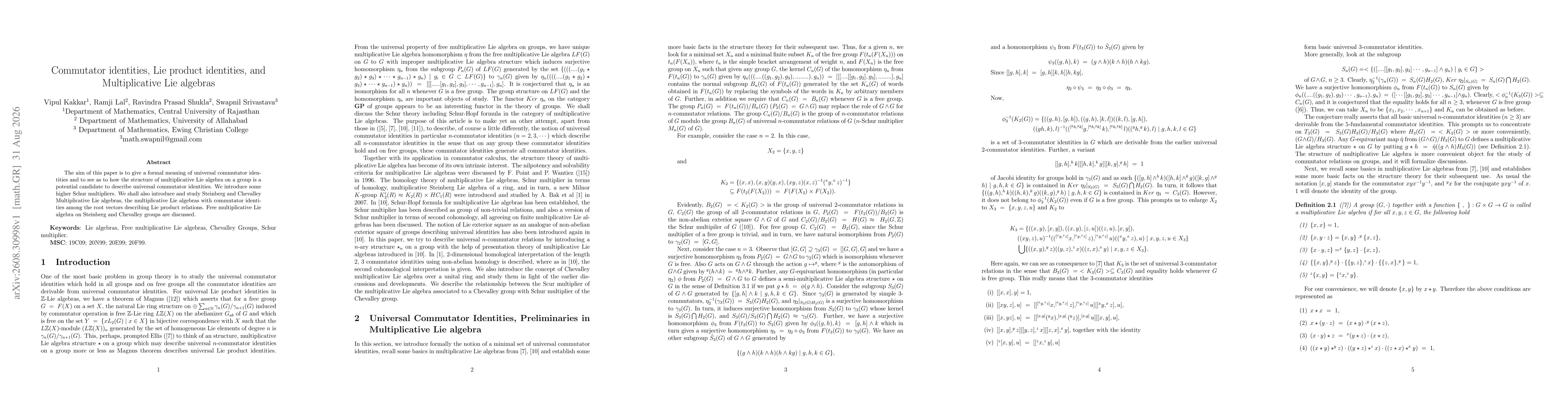 Thumbnail for Commutator identities, Lie product identities, and Multiplicative Lie algebras