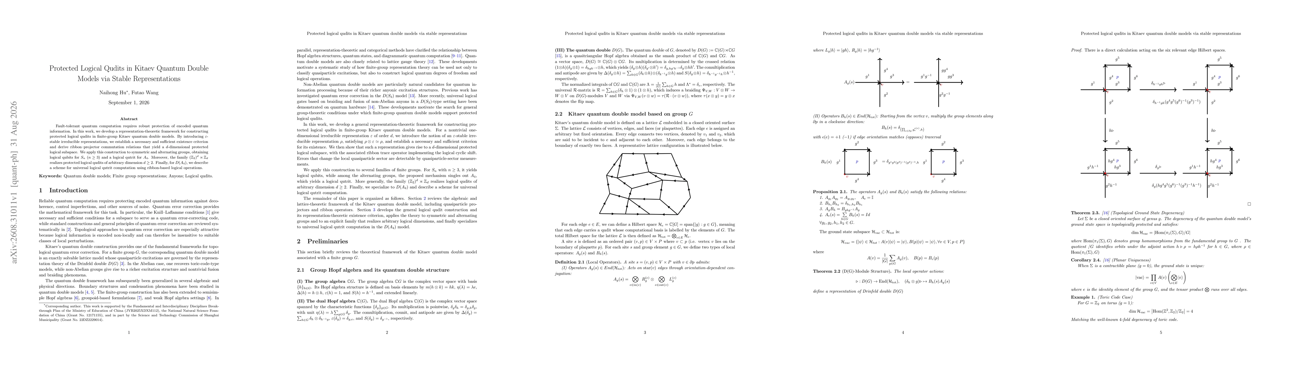 Thumbnail for Protected Logical Qudits in Kitaev Quantum Double Models via Stable Representations