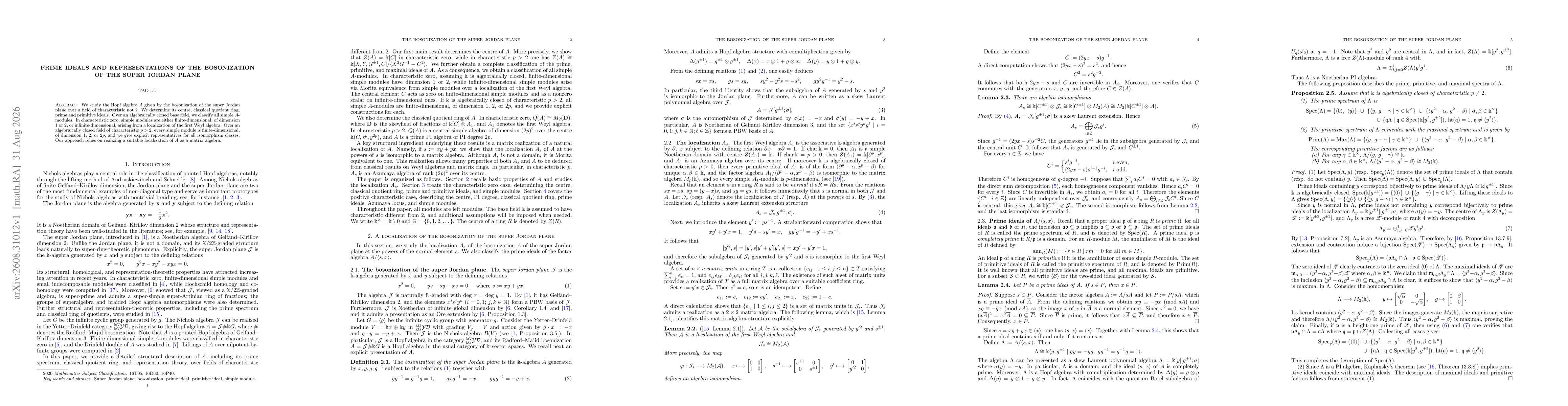 Thumbnail for Prime ideals and representations of the bosonization of the super Jordan plane