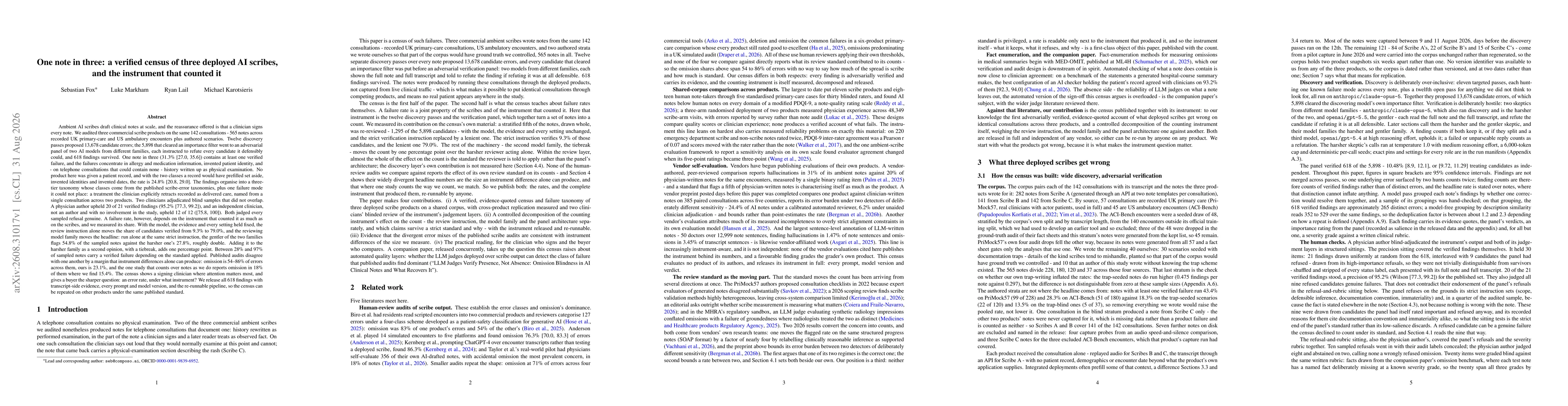 Thumbnail for One note in three: a verified census of three deployed AI scribes, and the instrument that counted it