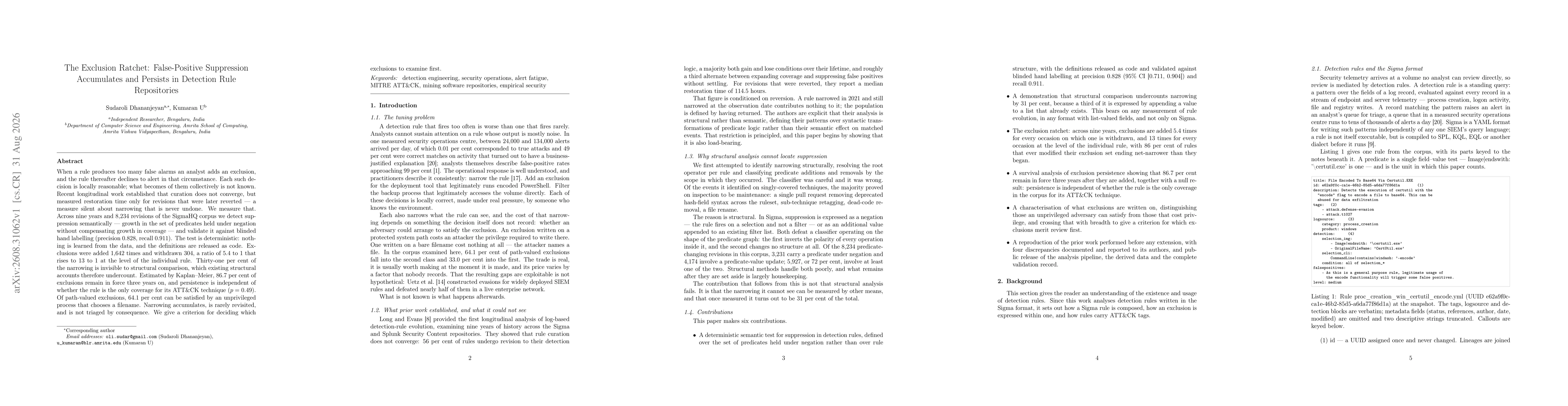 Thumbnail for The Exclusion Ratchet: False-Positive Suppression Accumulates and Persists in Detection Rule Repositories