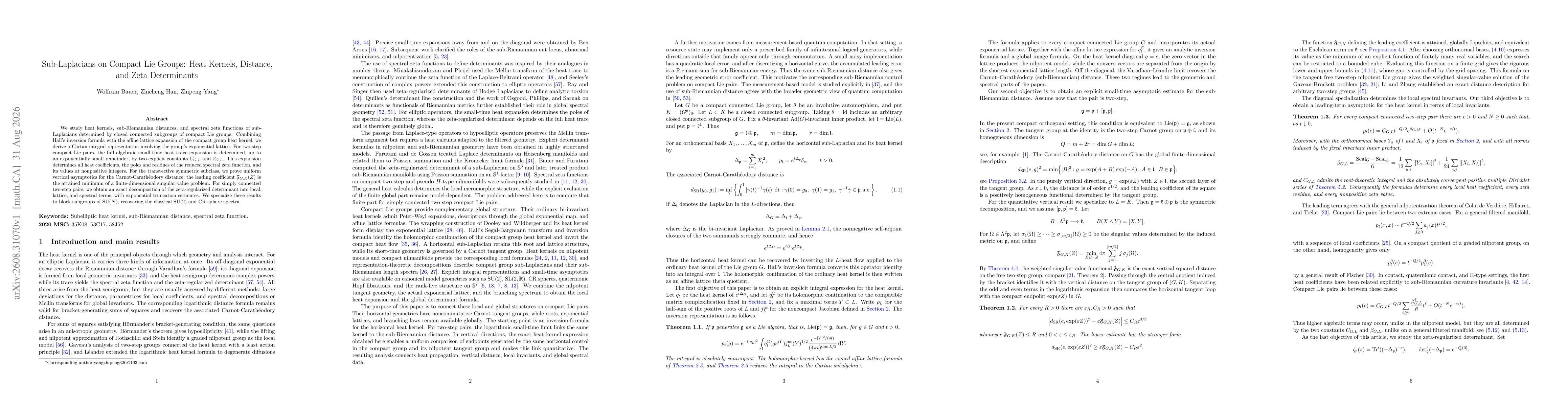 Thumbnail for Sub-Laplacians on Compact Lie Groups: Heat Kernels, Distance, and Zeta Determinants