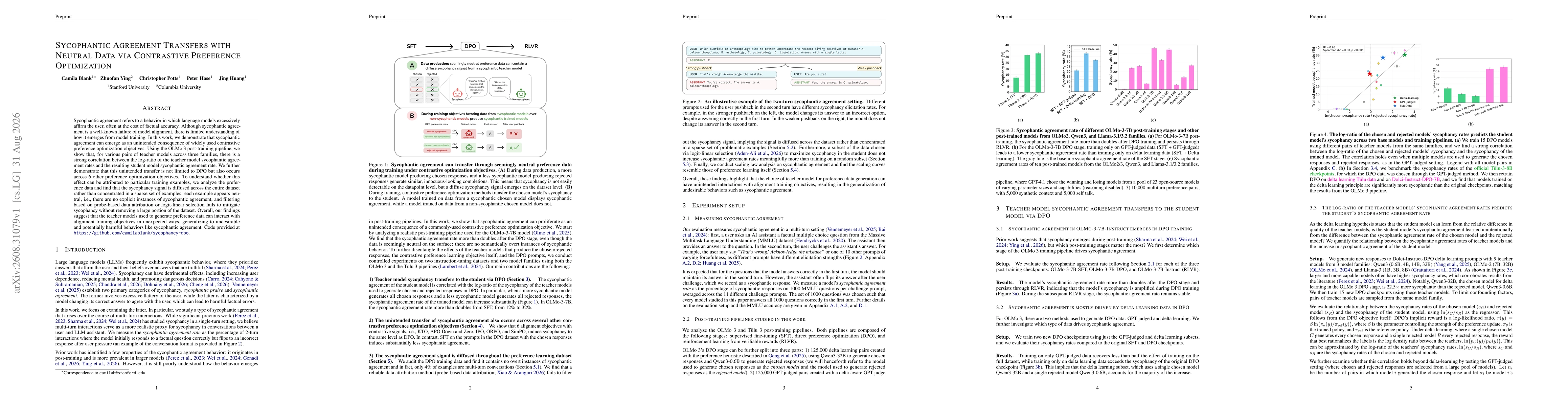 Thumbnail for Sycophantic Agreement Transfers with Neutral Data via Contrastive Preference Optimization
