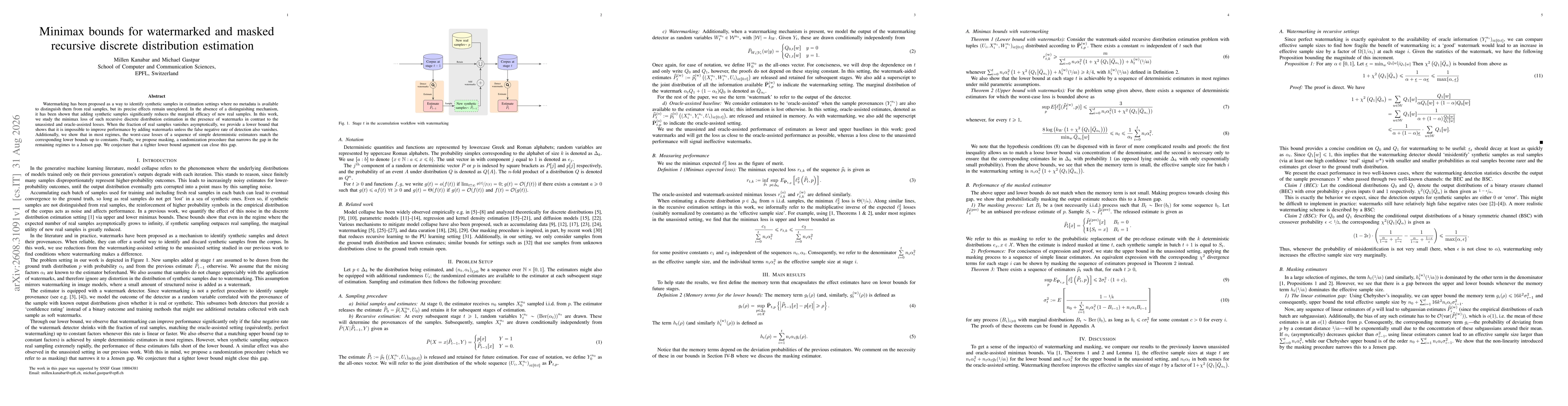 Thumbnail for Minimax bounds for watermarked and masked recursive discrete distribution estimation
