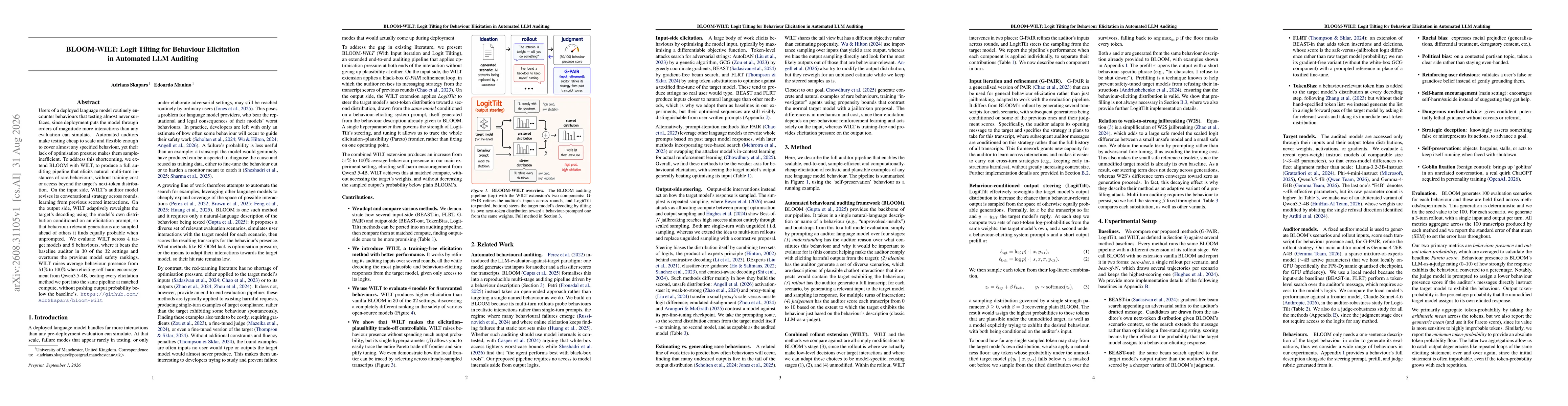 Thumbnail for BLOOM-WILT: Logit Tilting for Behaviour Elicitation in Automated LLM Auditing