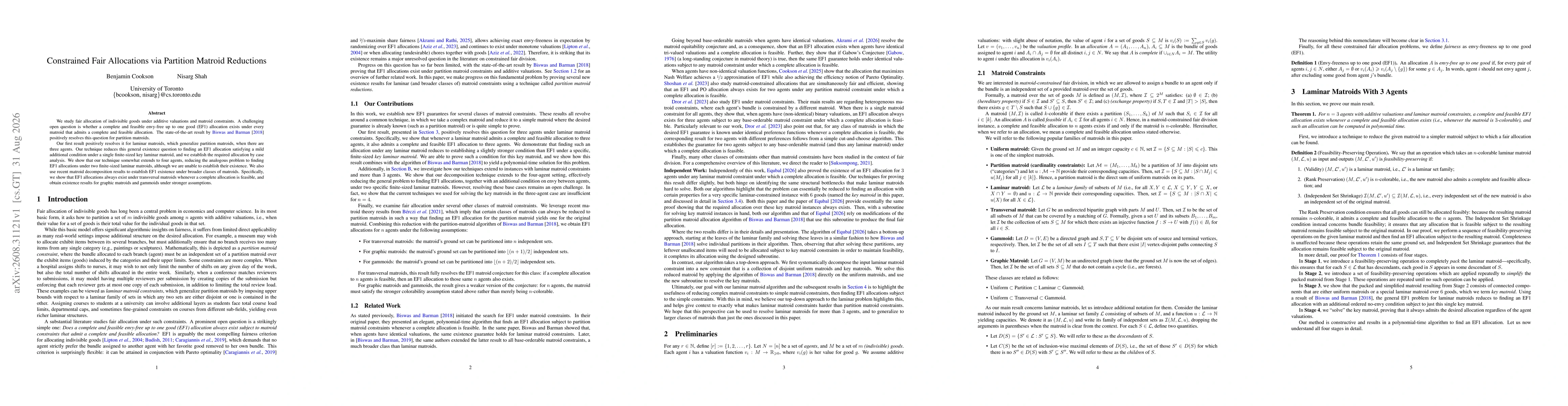 Thumbnail for Constrained Fair Allocations via Partition Matroid Reductions