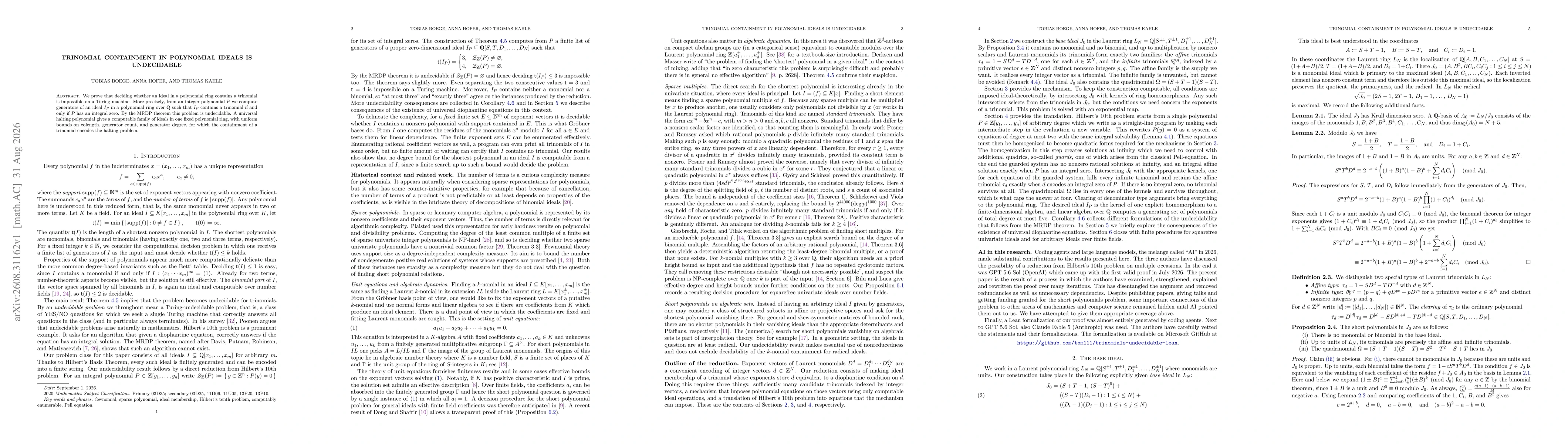 Thumbnail for Trinomial containment in polynomial ideals is undecidable