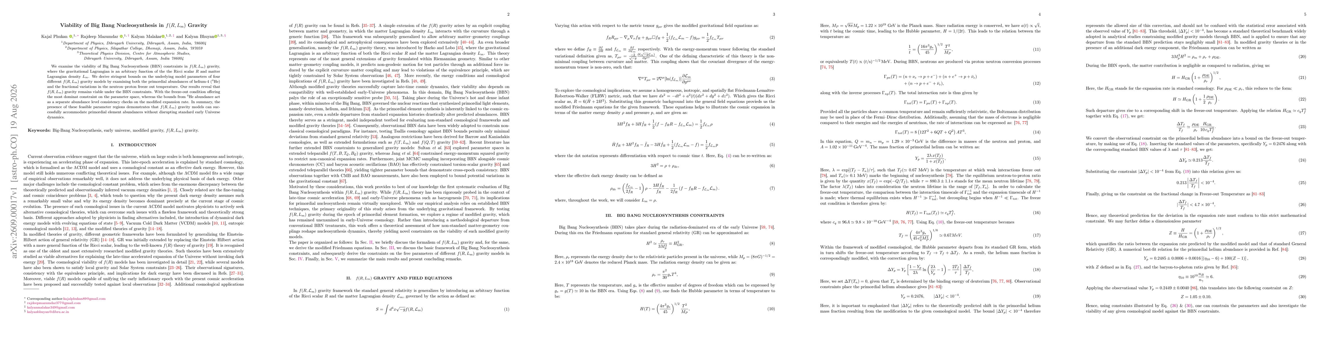 Thumbnail for Viability of Big Bang Nucleosynthesis in $f(R,L_m)$ Gravity