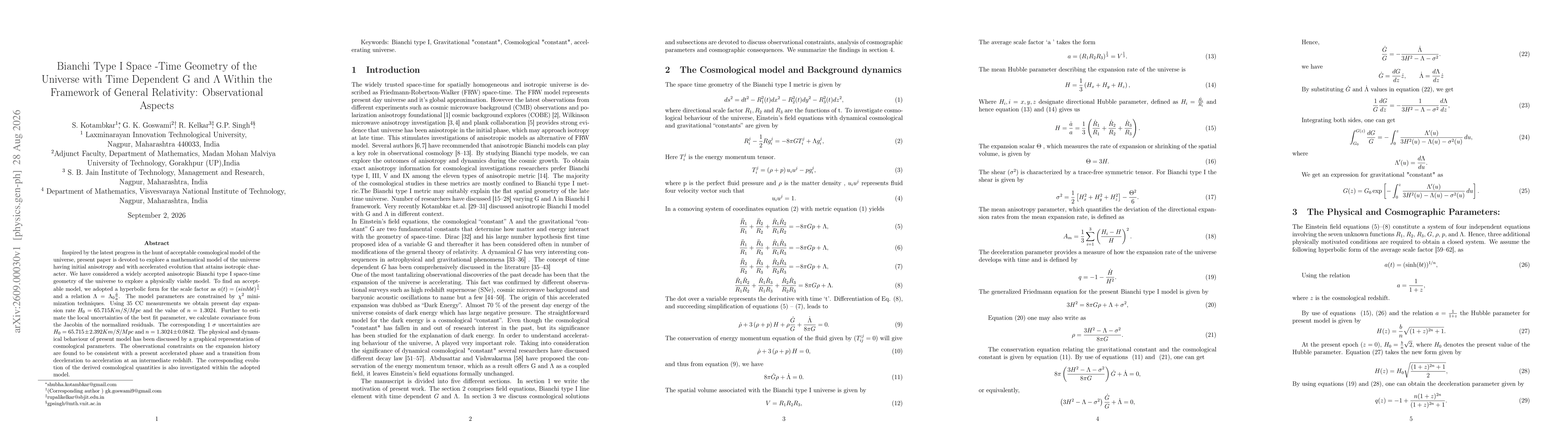 Thumbnail for Bianchi Type I Space -Time Geometry of the Universe with Time Dependent G and $Λ$ Within the Framework of General Relativity: Observational Aspects
