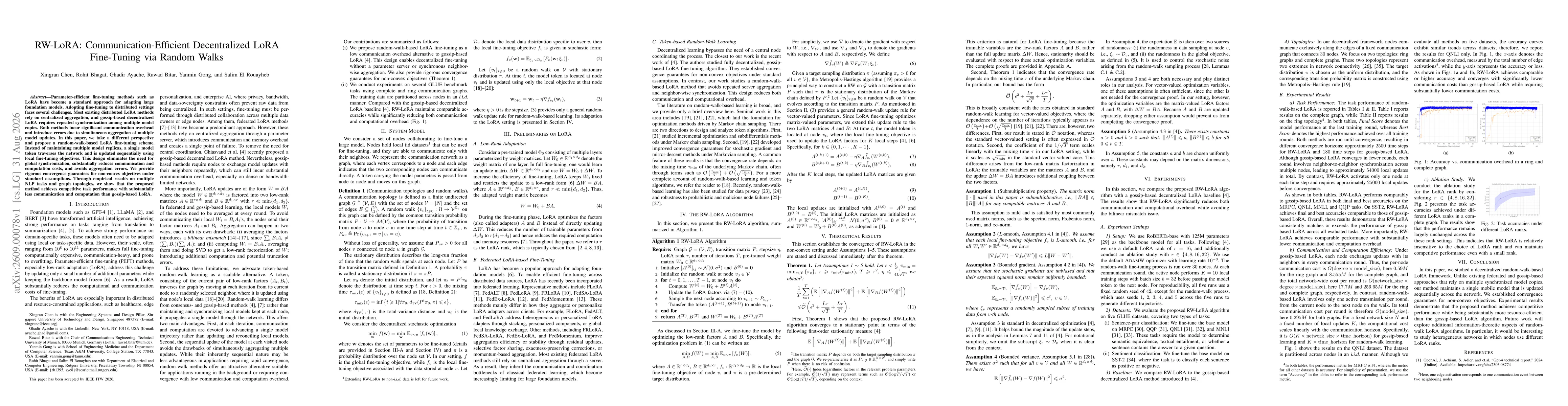 Thumbnail for RW-LoRA: Communication-Efficient Decentralized LoRA Fine-Tuning via Random Walks