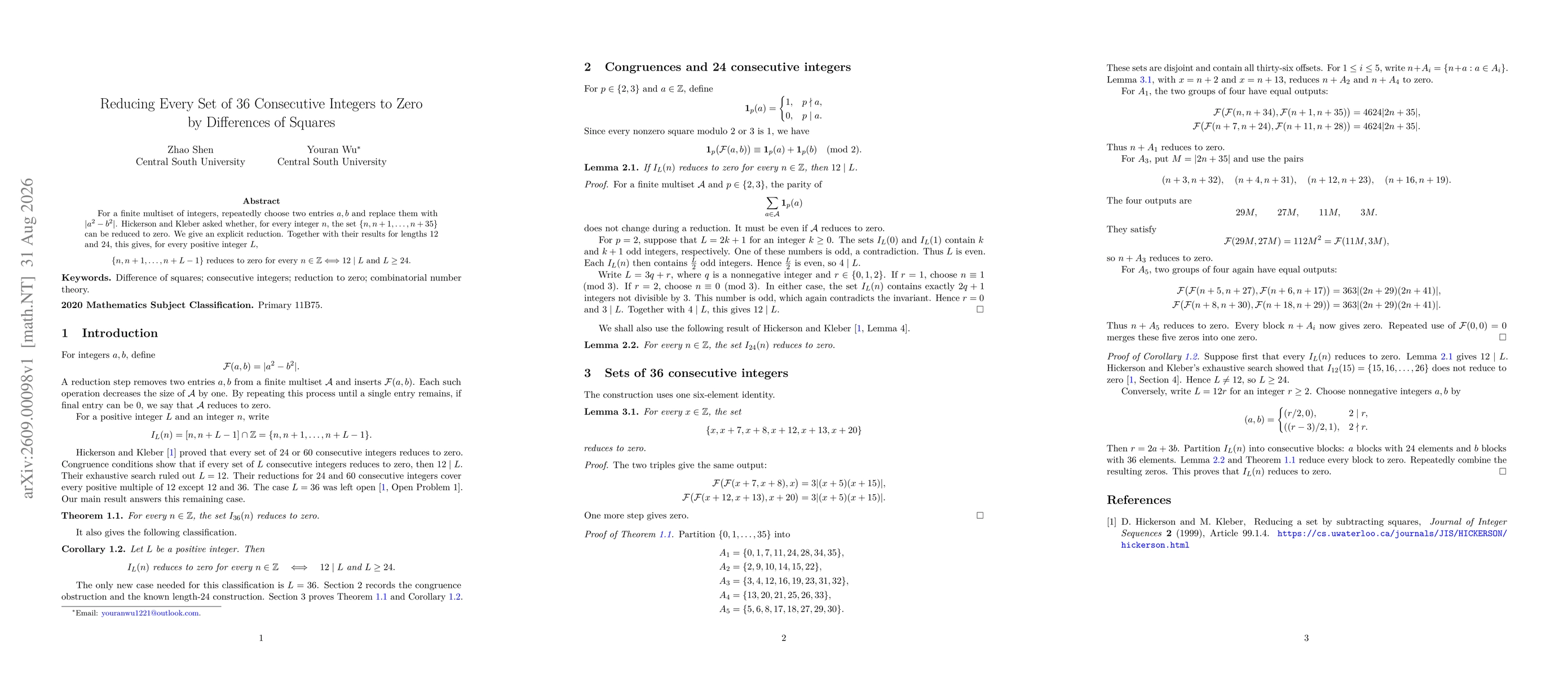 Thumbnail for Reducing Every Set of 36 Consecutive Integers to Zero by Differences of Squares