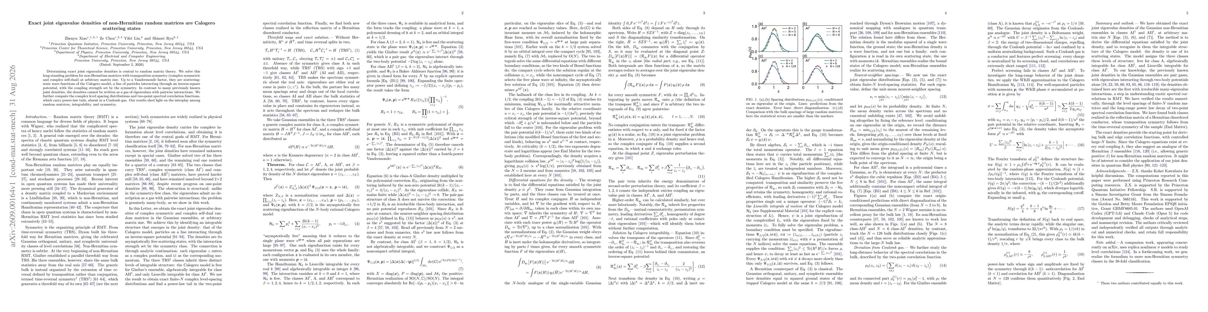 Thumbnail for Exact joint eigenvalue densities of non-Hermitian random matrices are Calogero scattering states