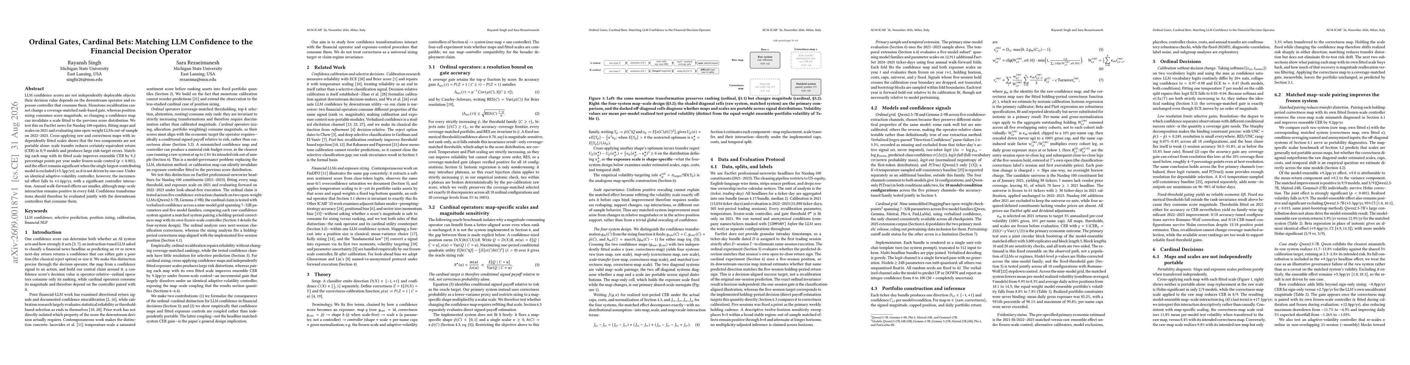 Thumbnail for Ordinal Gates, Cardinal Bets: Matching LLM Confidence to the Financial Decision Operator