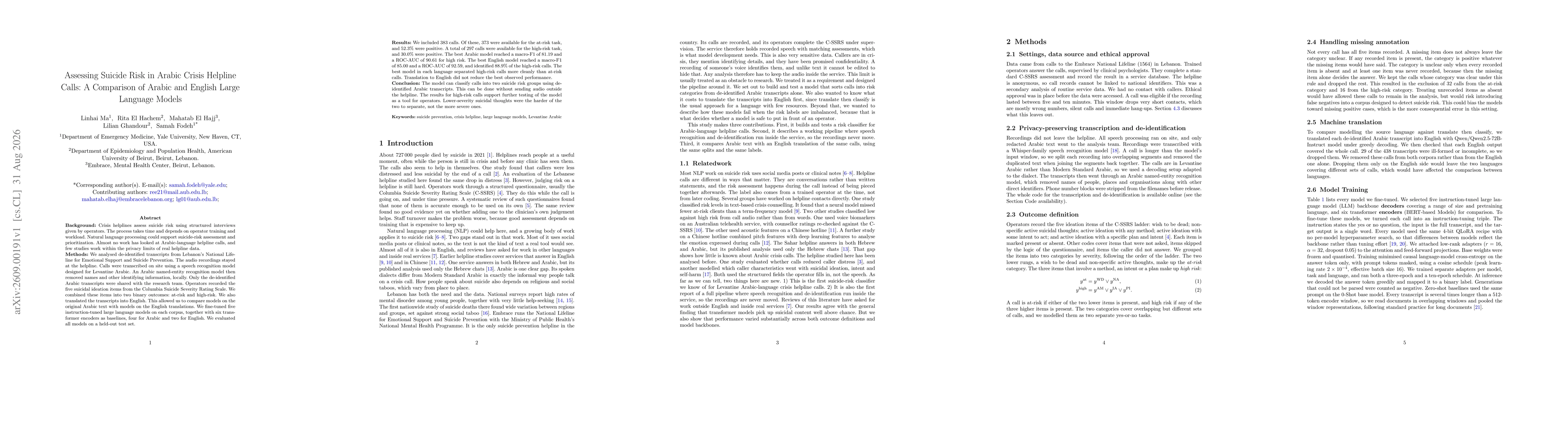 Thumbnail for Assessing Suicide Risk in Arabic Crisis Helpline Calls: A Comparison of Arabic and English Large Language Models