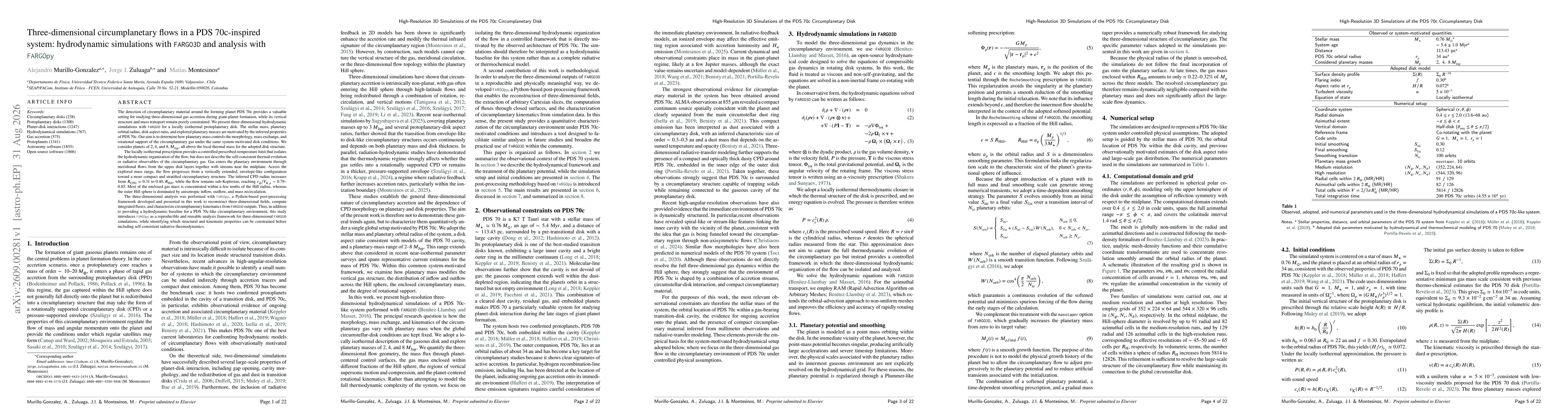 Thumbnail for Three-dimensional circumplanetary flows in a PDS 70c-inspired system: hydrodynamic simulations with FARGO3D and analysis with FARGOpy