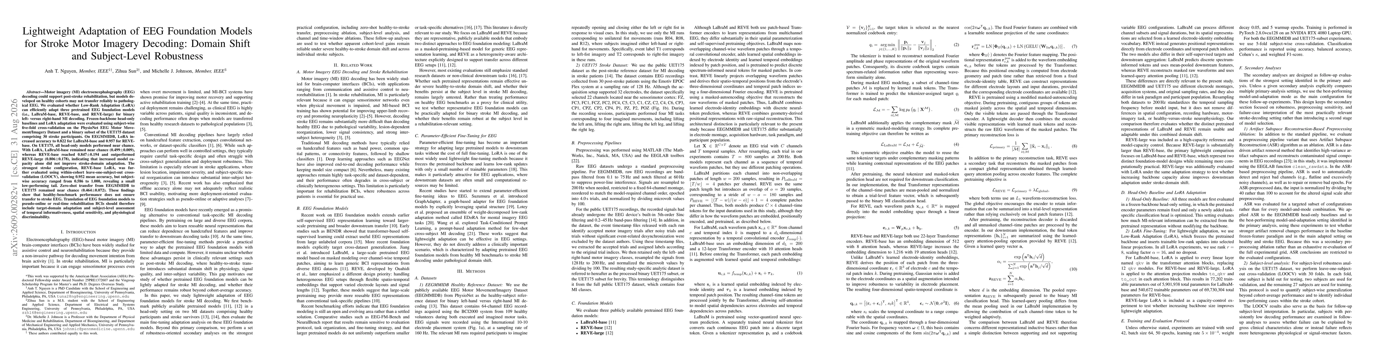 Thumbnail for Lightweight Adaptation of EEG Foundation Models for Stroke Motor Imagery Decoding: Domain Shift and Subject-Level Robustness
