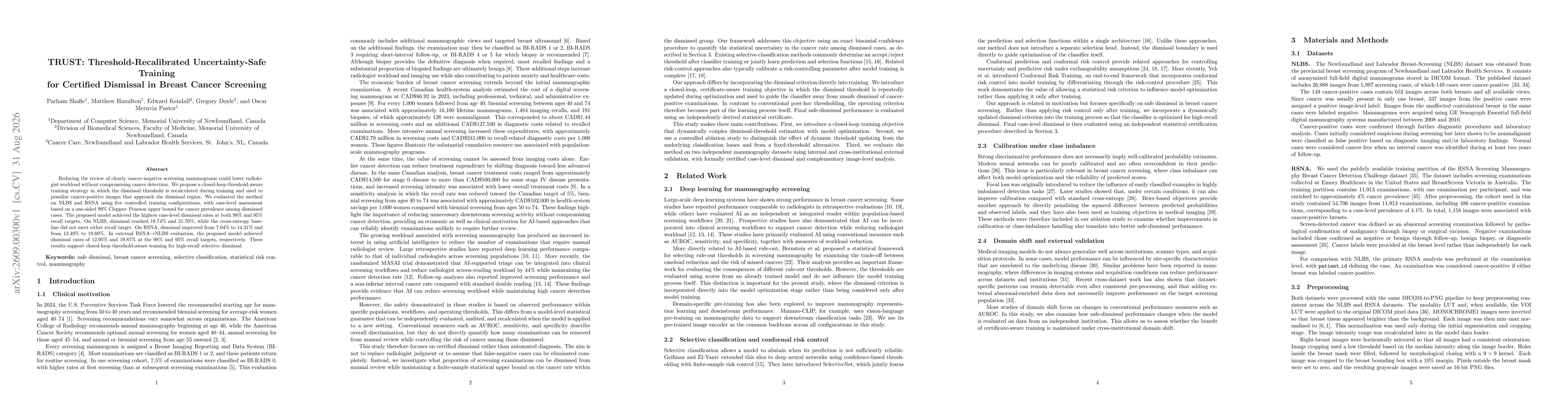 Thumbnail for TRUST: Threshold-Recalibrated Uncertainty-Safe Training for Certified Dismissal in Breast Cancer Screening