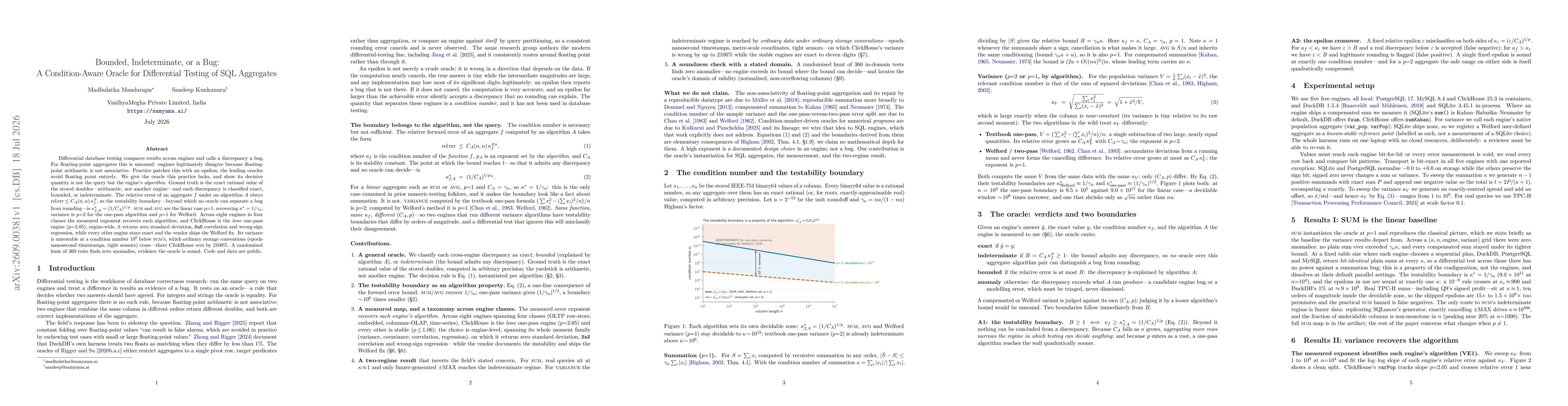 Thumbnail for Bounded, Indeterminate, or a Bug: A Condition-Aware Oracle for Differential Testing of SQL Aggregates