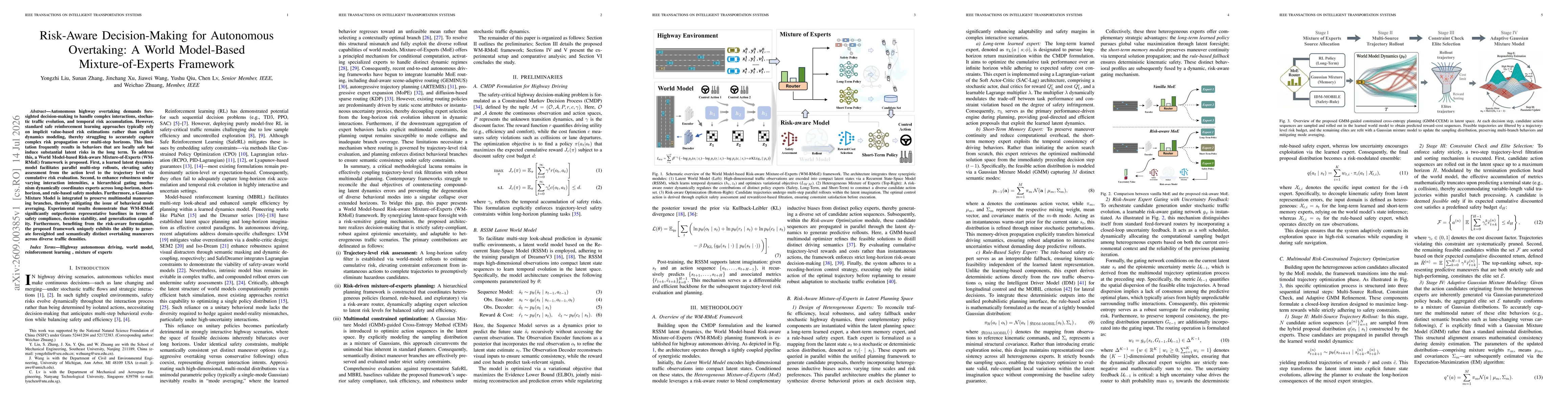 Thumbnail for Risk-Aware Decision-Making for Autonomous Overtaking: A World Model-Based Mixture-of-Experts Framework