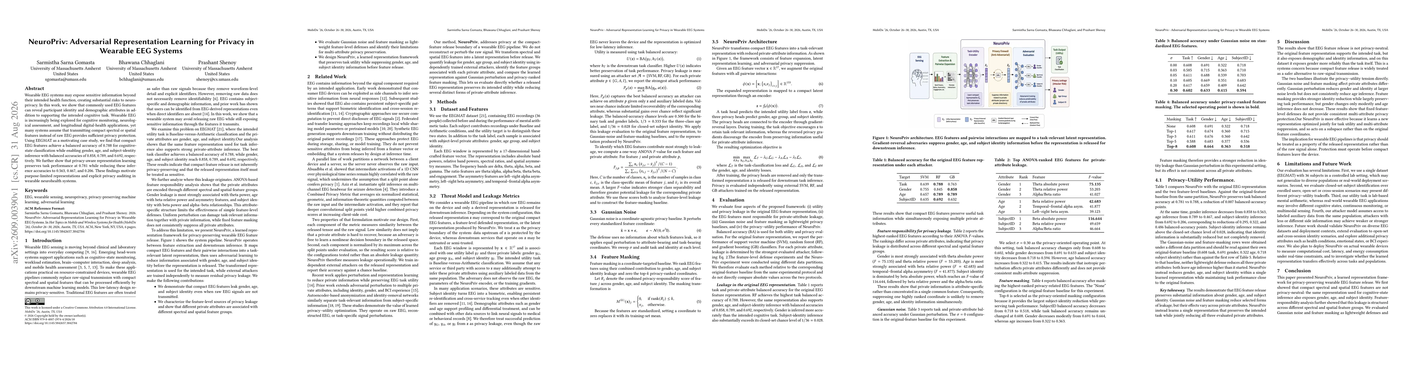 Thumbnail for NeuroPriv: Adversarial Representation Learning for Privacy in Wearable EEG Systems