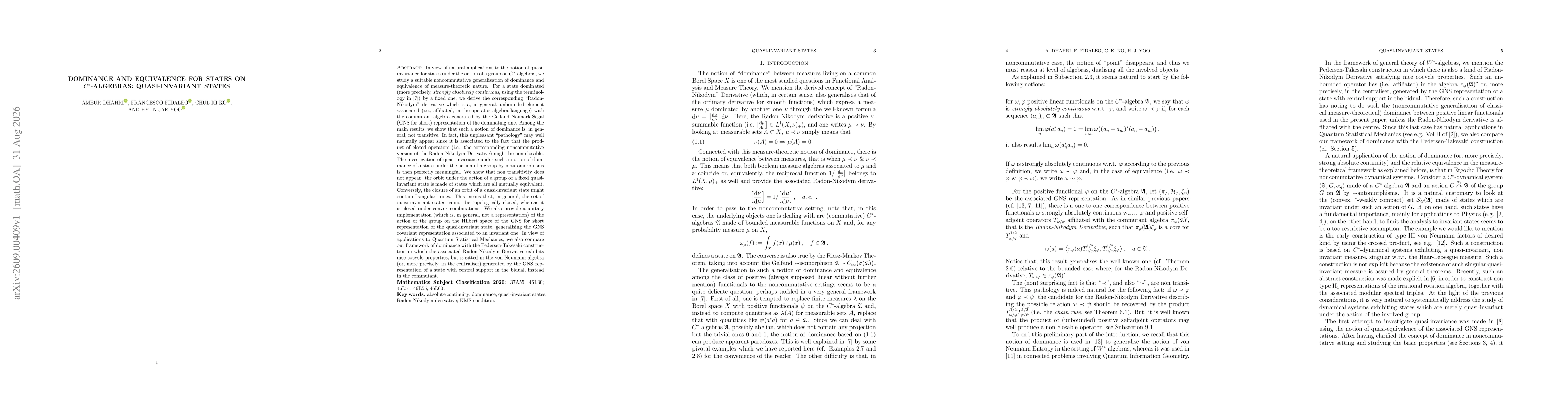 Thumbnail for Dominance and equivalence for states on $C^*$-algebras: Quasi-Invariant states