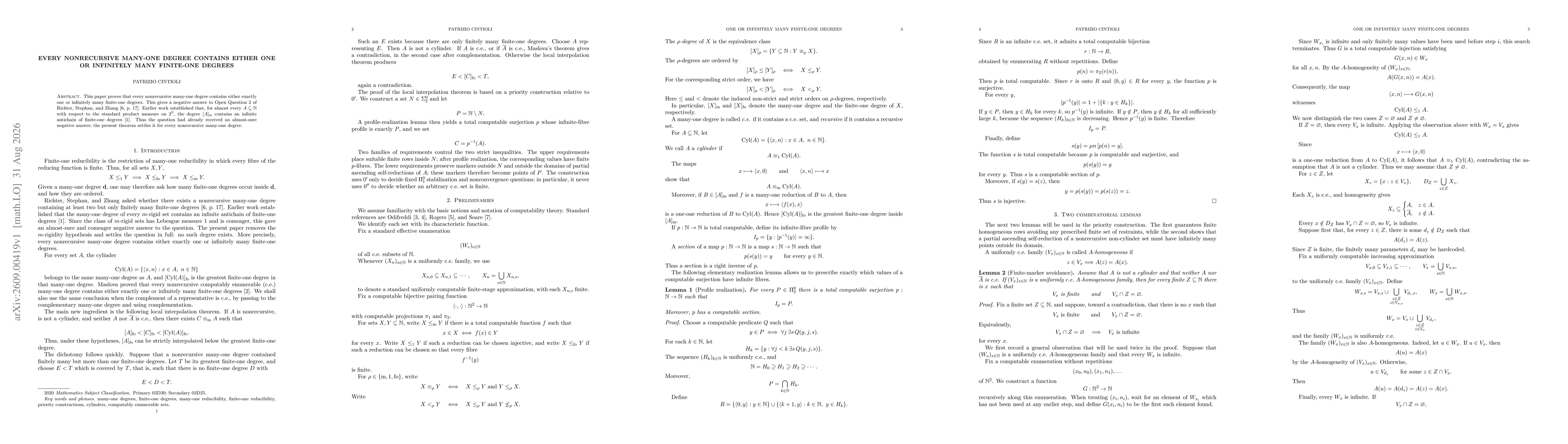 Thumbnail for Every Nonrecursive Many-One Degree Contains Either One or Infinitely Many Finite-One Degrees