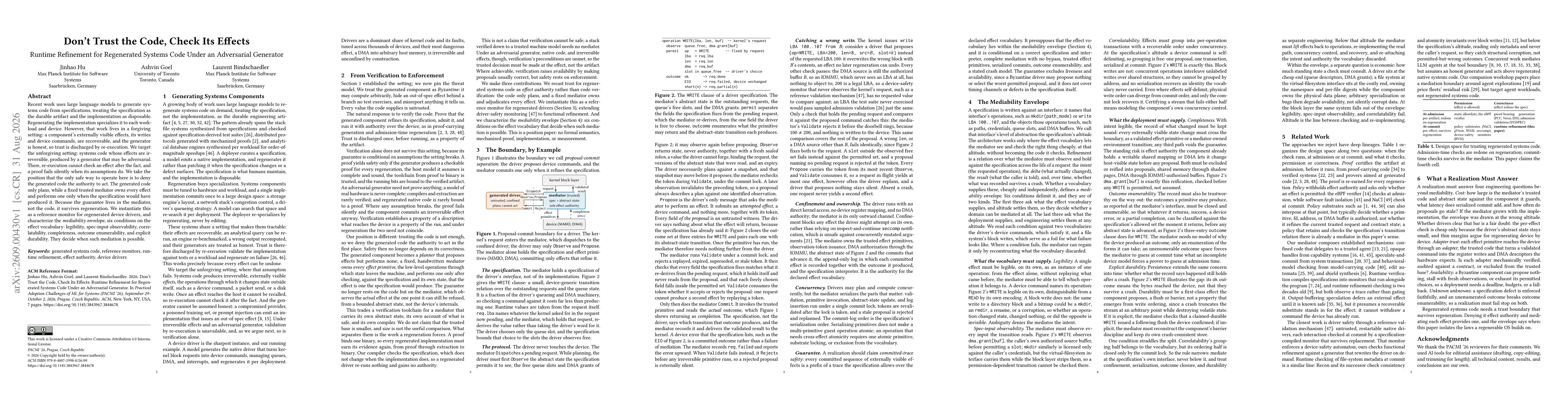 Thumbnail for Don't Trust the Code, Check Its Effects: Runtime Refinement for Regenerated Systems Code Under an Adversarial Generator