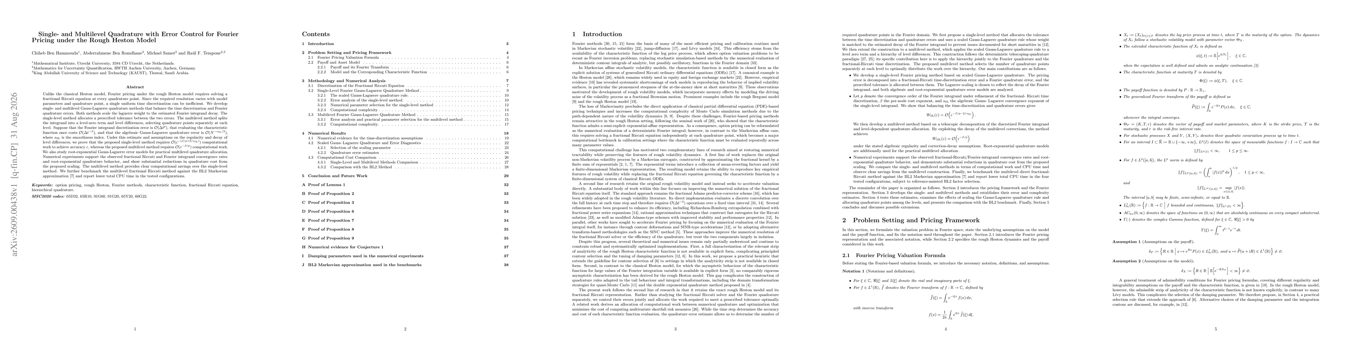 Thumbnail for Single- and Multilevel Quadrature with Error Control for Fourier Pricing under the Rough Heston Model
