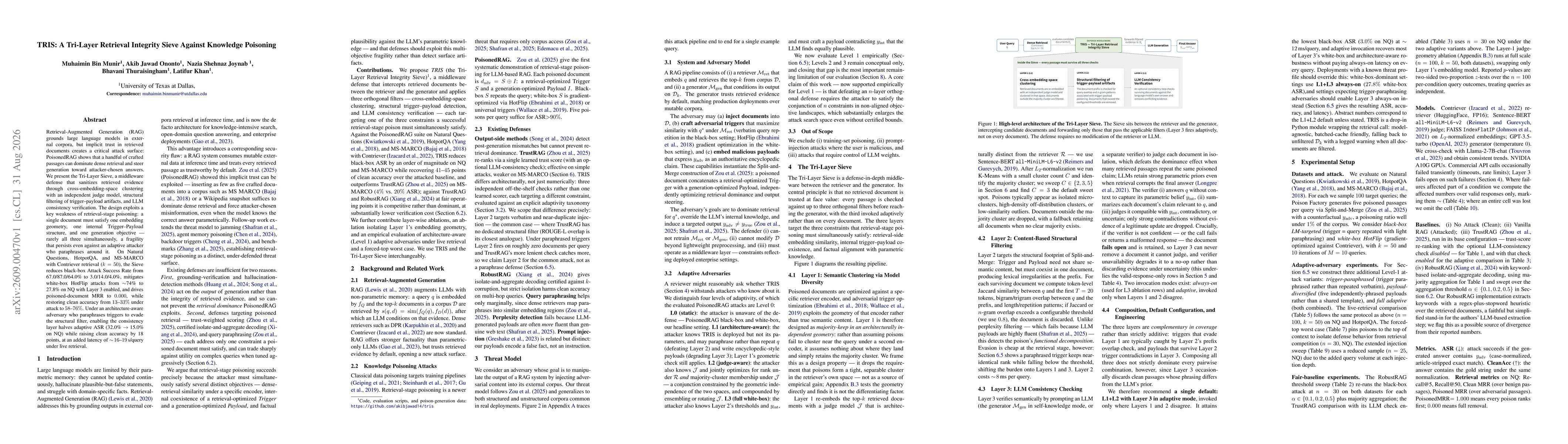 Thumbnail for TRIS: A Tri-Layer Retrieval Integrity Sieve Against Knowledge Poisoning