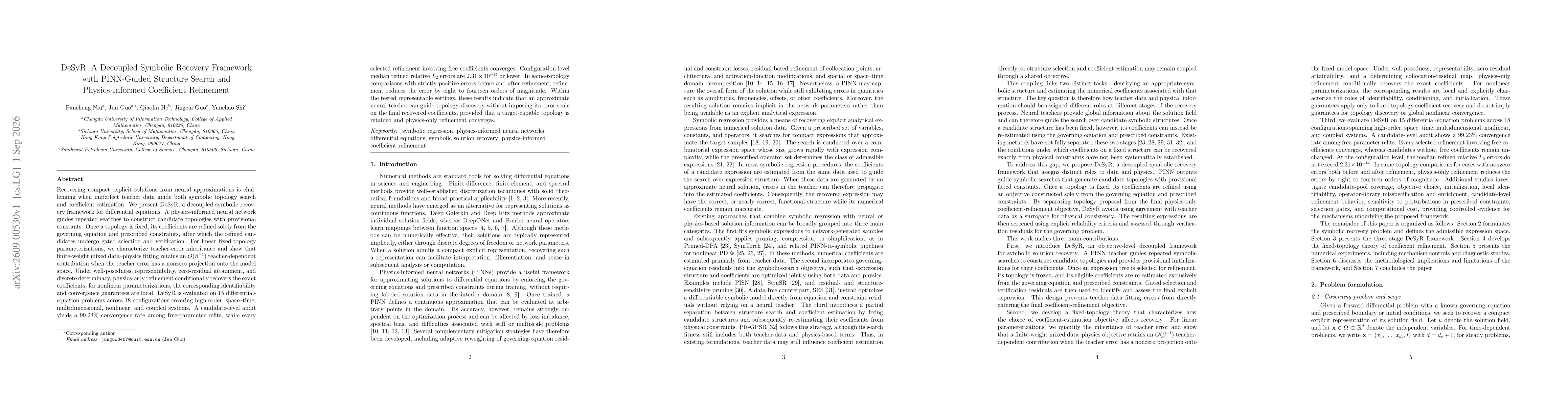 Thumbnail for DeSyR: A Decoupled Symbolic Recovery Framework with PINN-Guided Structure Search and Physics-Informed Coefficient Refinement