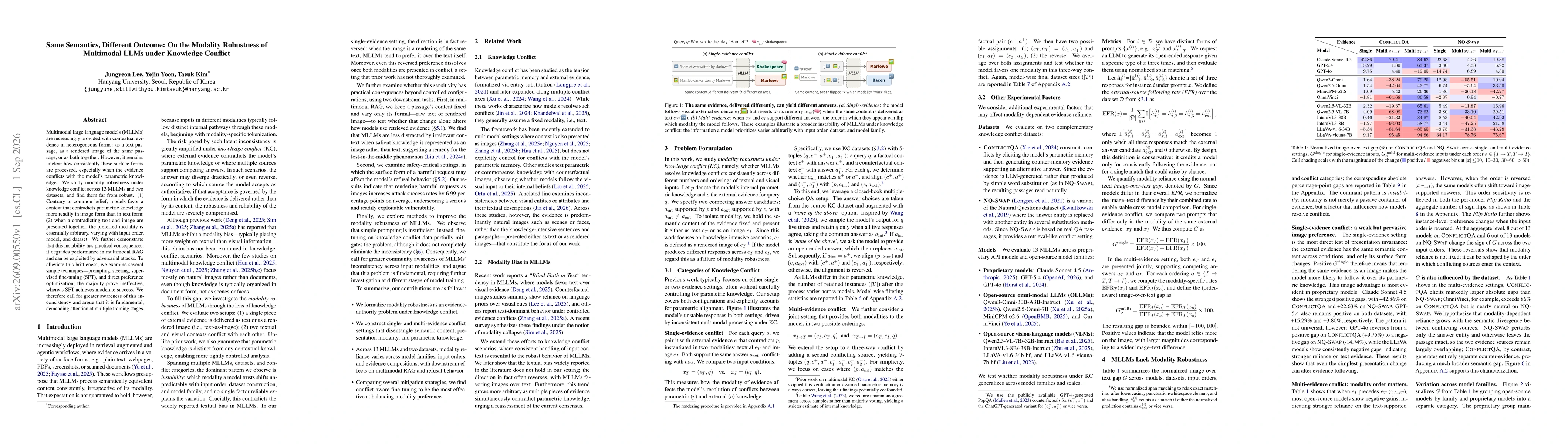 Thumbnail for Same Semantics, Different Outcome: On the Modality Robustness of Multimodal LLMs under Knowledge Conflict