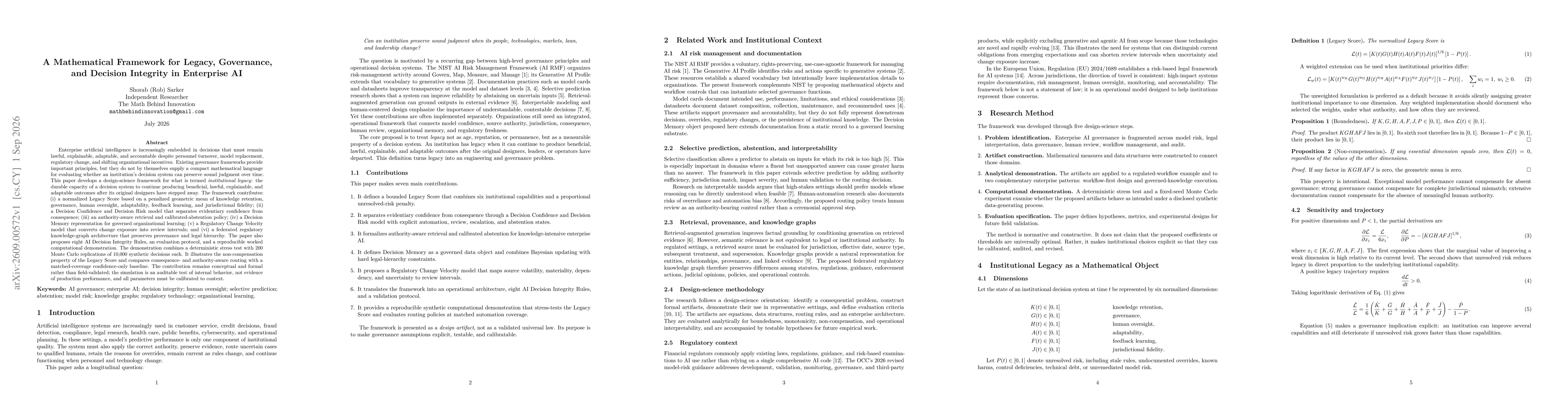 Thumbnail for A Mathematical Framework for Legacy, Governance, and Decision Integrity in Enterprise AI