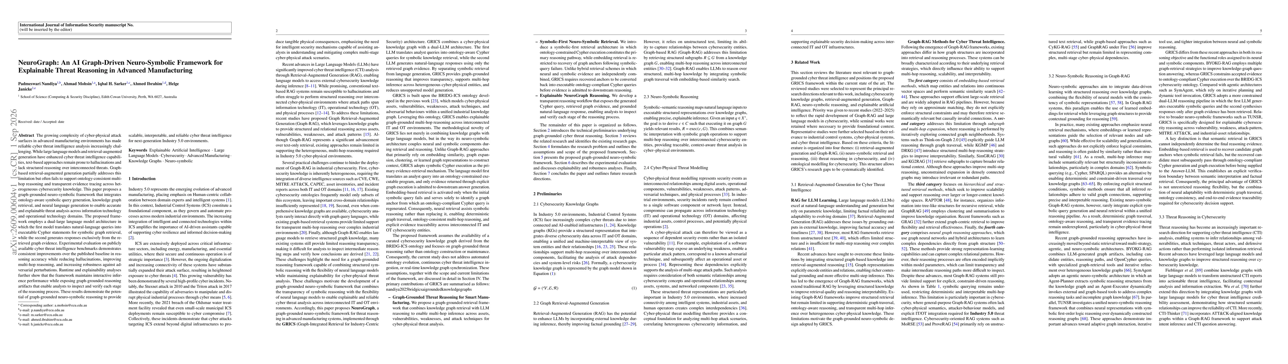 Thumbnail for NeuroGraph: An AI Graph-Driven Neuro-Symbolic Framework for Explainable Threat Reasoning in Advanced Manufacturing