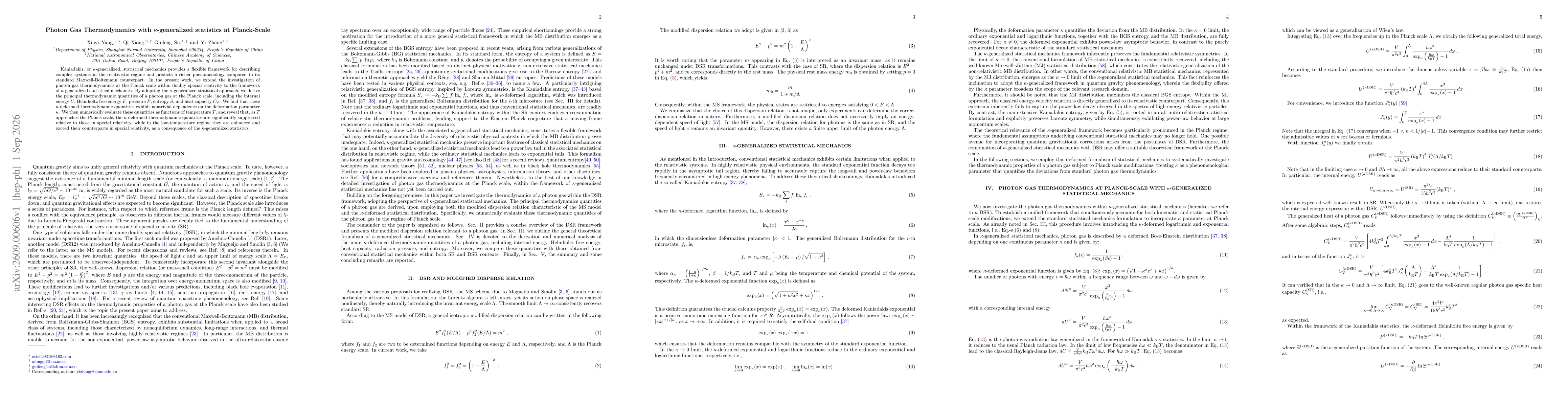 Thumbnail for Photon Gas Thermodynamics with $κ$-generalized statistics at Planck-Scale