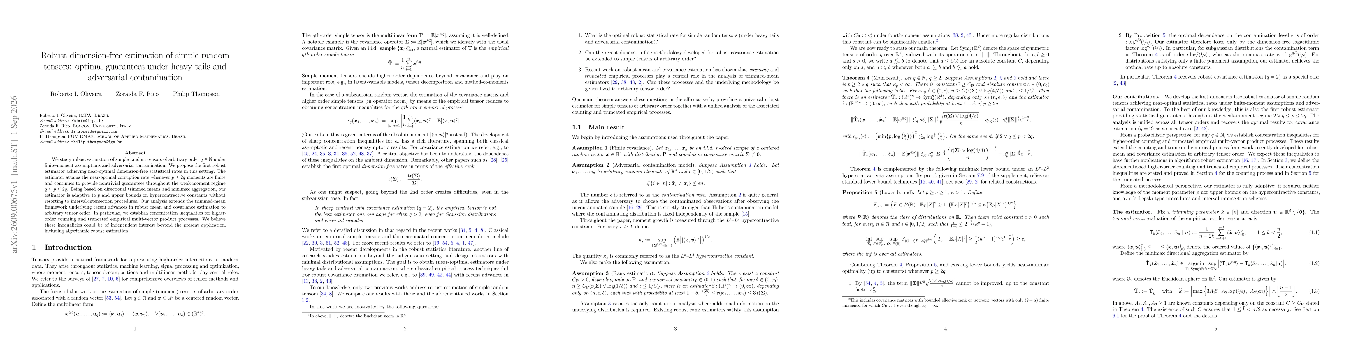 Thumbnail for Robust dimension-free estimation of simple random tensors: optimal guarantees under heavy tails and adversarial contamination