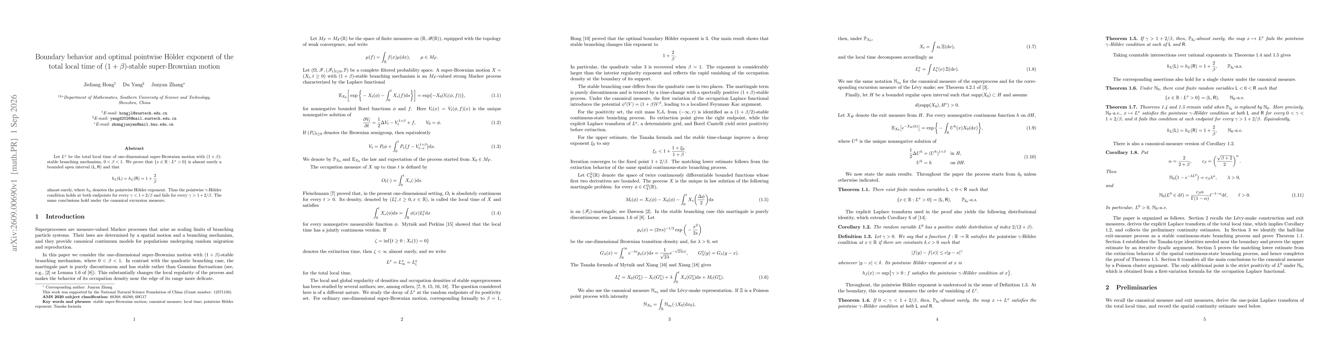 Thumbnail for Boundary behavior and optimal pointwise Hölder exponent of the total local time of $(1+β)$-stable super-Brownian motion