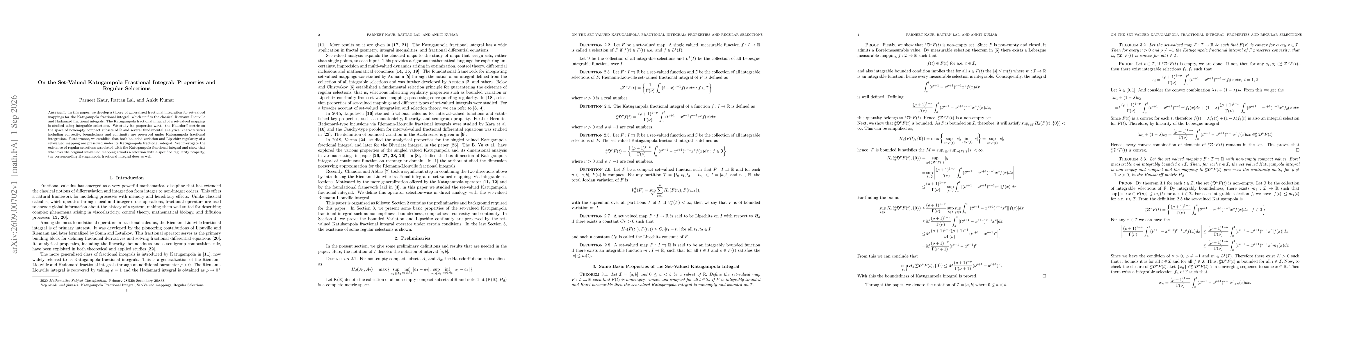 Thumbnail for On the Set-Valued Katugampola Fractional Integral: Properties and Regular Selections