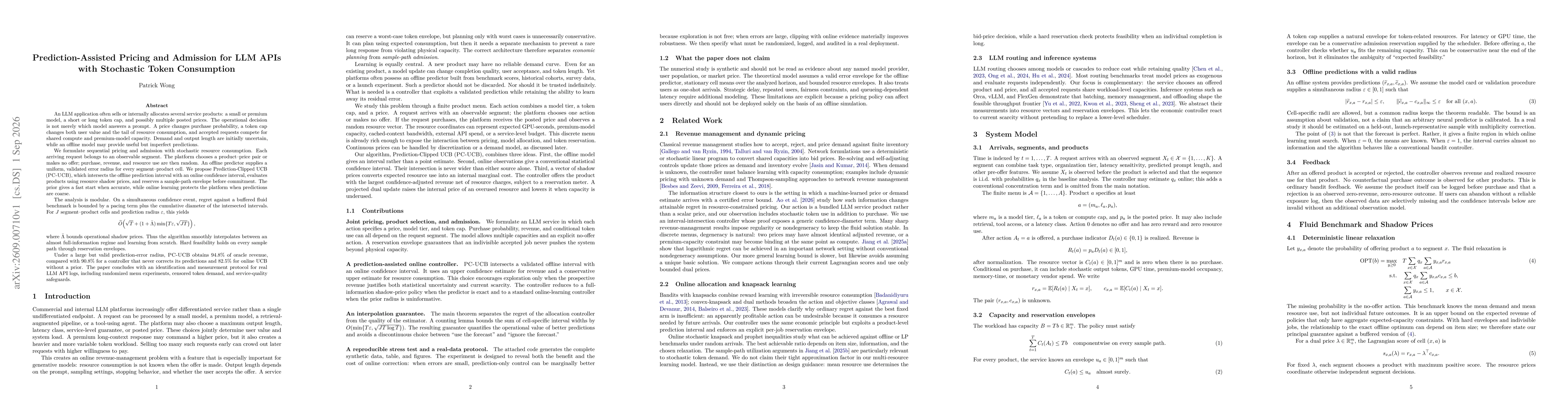 Thumbnail for Prediction-Assisted Pricing and Admission for LLM APIs with Stochastic Token Consumption