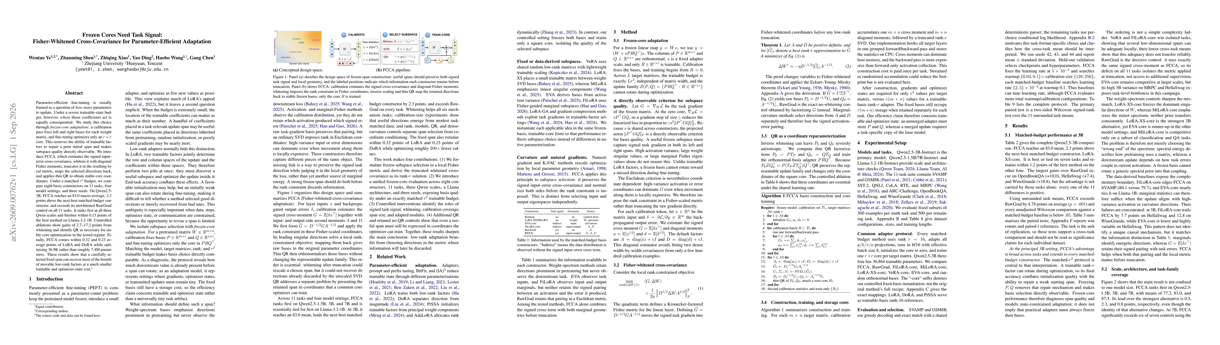 Thumbnail for Frozen Cores Need Task Signal: Fisher-Whitened Cross-Covariance for Low-Resource LLM Adaptation