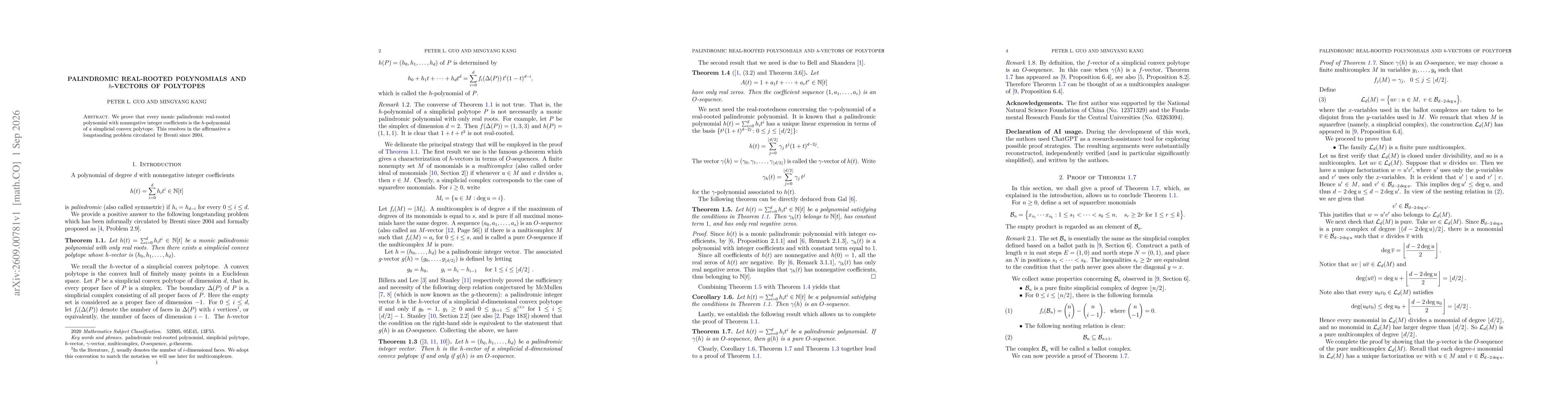 Thumbnail for Palindromic real-rooted polynomials and $h$-vectors of polytopes