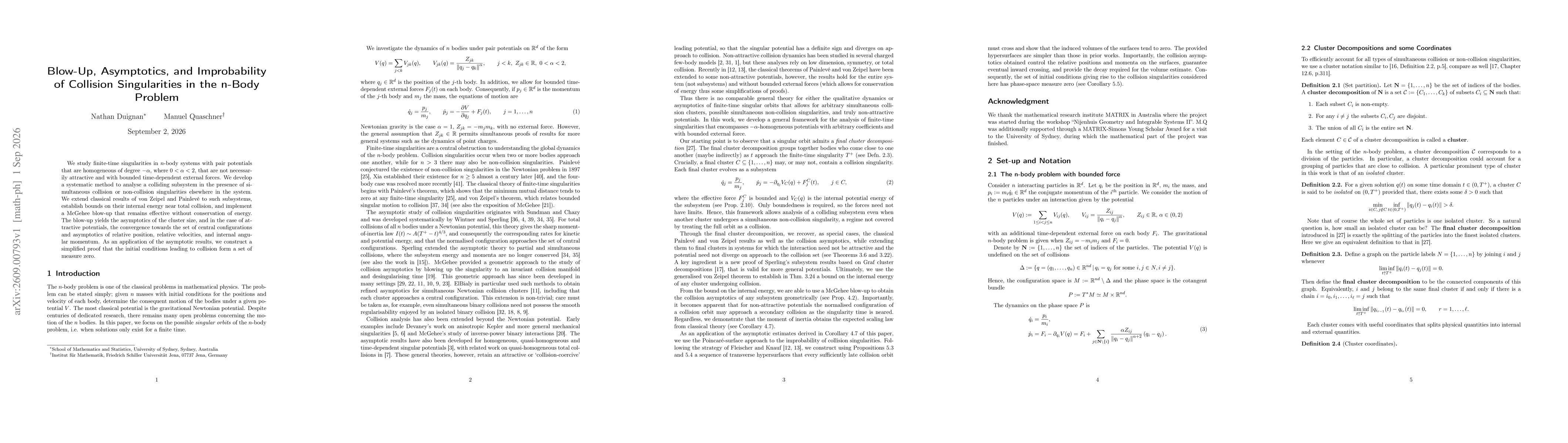 Thumbnail for Blow-Up, Asymptotics, and Improbability of Collision Singularities in the n-Body Problem