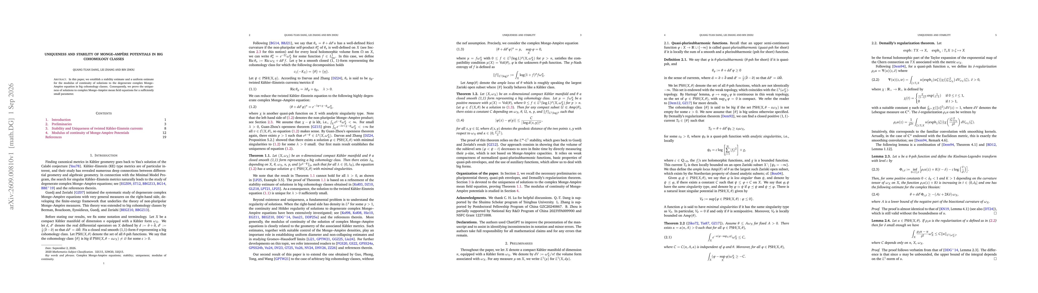 Thumbnail for Uniqueness and Stability of Monge--Ampère Potentials in Big Cohomology Classes