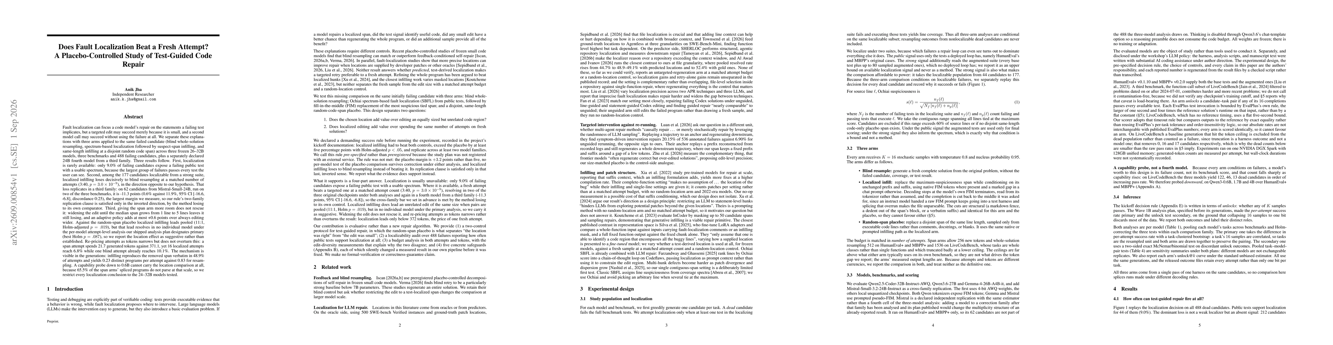 Thumbnail for Does Fault Localization Beat a Fresh Attempt? A Placebo-Controlled Study of Test-Guided Code Repair