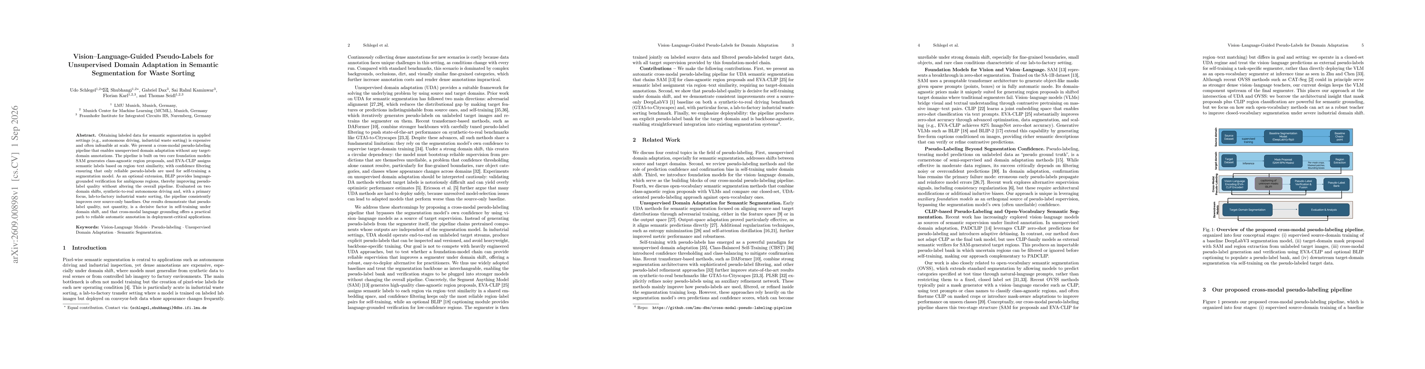 Thumbnail for Vision-Language-Guided Pseudo-Labels for Unsupervised Domain Adaptation in Semantic Segmentation for Waste Sorting