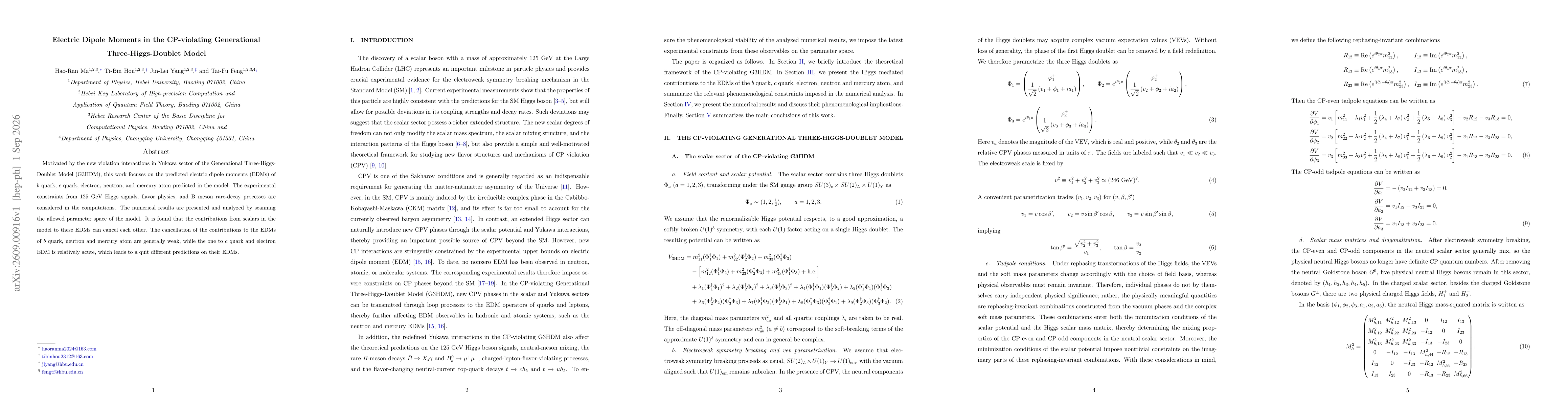 Thumbnail for Electric Dipole Moments in the CP-violating Generational Three-Higgs-Doublet Model